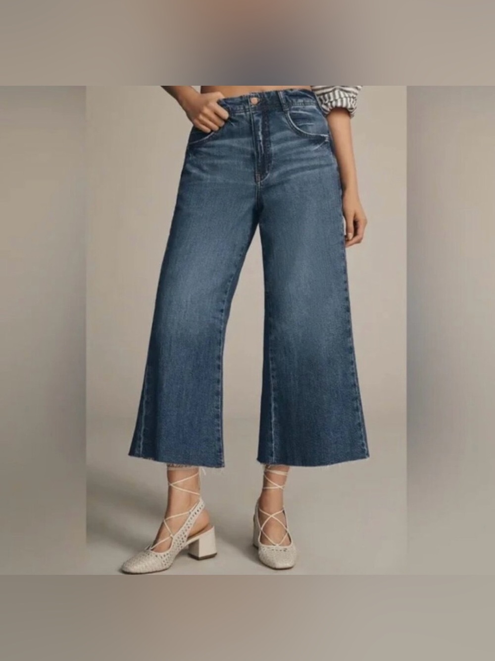 Pilcro Anthropologie Adi Mid Rise Wide Leg Cropped Blue Jeans Sz 23T Raw Hem EUC